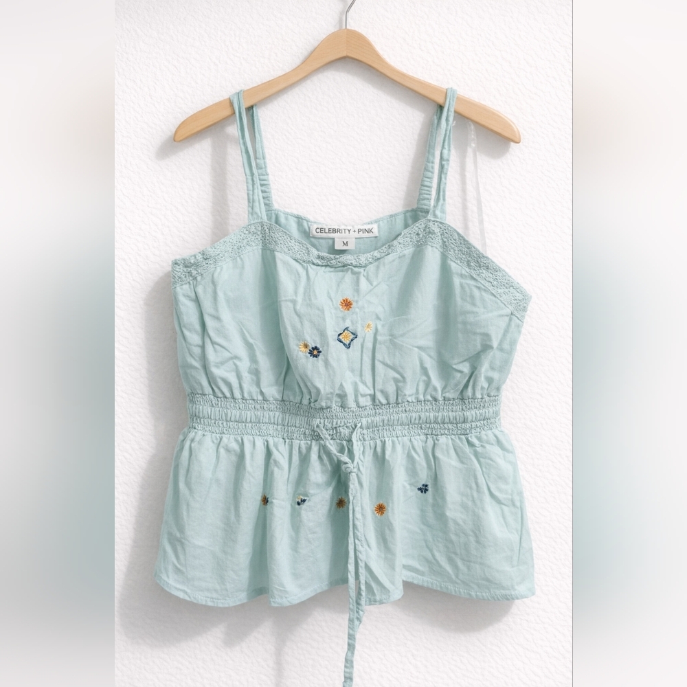 Celebrity Pink Light Mint Embroidered Smocked Camisole